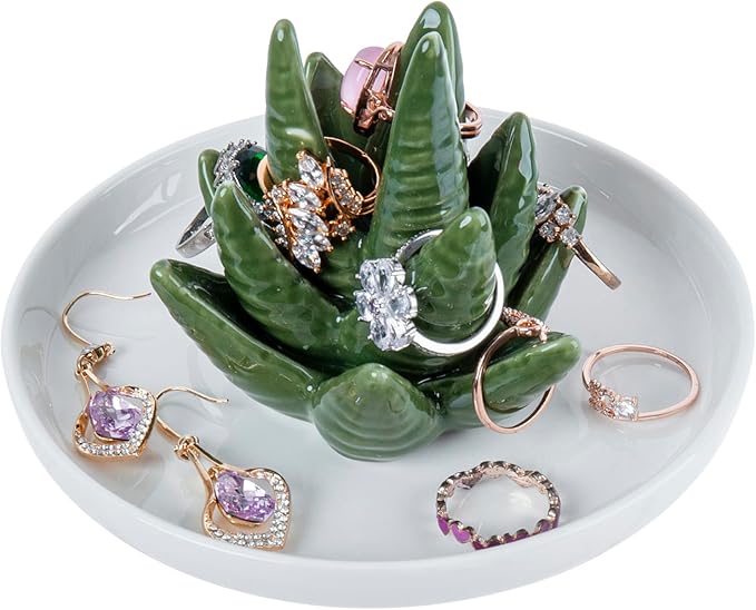 MyGift Decorative White Ceramic Ring Tray for Jewelry, Ring Cone and Trinket Tray with Raised Heart Design (Ceramic Aloe)
