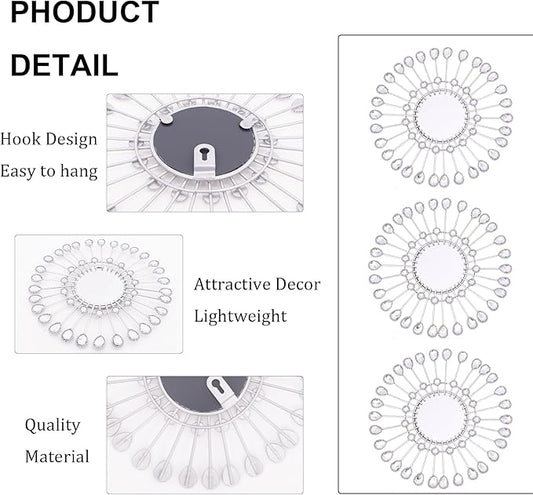Silver Mirrors 3 PCE, 9 inchSunburst Mirror Hanging Wall Decor, Christmas Decorative Mirror Wall Art, Round Mirrors for Bedroom Living Room Bathroom Kitchen, Warming