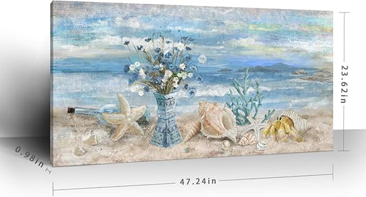 Large Canvas Wall Art for Living Room Seaside Painting Blue Sea View Ocean Theme Abstract Seascape Framed Artwork Coastal Beach Home Decor Daisy Flower in Indian Vase Picture Poster Print 24x48inch