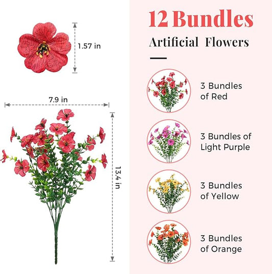 12 Bundles Artificial Flowers for Outdoors Decorations, Spring Summer Multicolor Realistic Faux Silk Daisy, UV Resistant Fake Flowers for Patio Home Decor Garden Planter Window Box Yard
