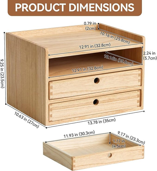 KIRIGEN Desktop Organizer with 2 Drawers and Tray - Wood Office Desk Storage Shelf for Office Supplies - Small Cabinet for Countertop Accessories Storage 3 Layer Natural(DT3D2C-NA)