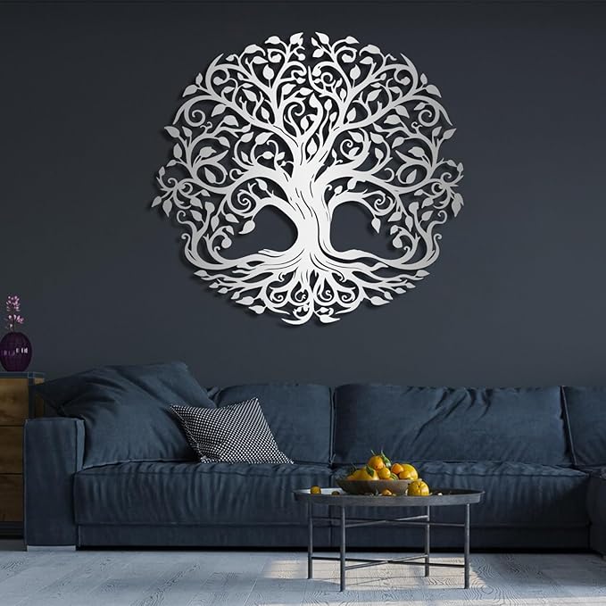 Yemwot Metal Tree of Life Wall Art, Tree of Life Metal Wall Sculpture, Modern Wall Decor for Bedroom, Living Room, Bathroom (White, 24" x 22")