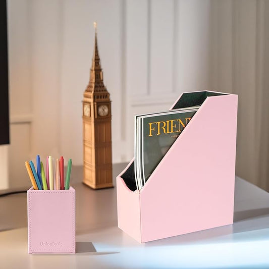 UnionBasic Magazine File Holder, Leatherette Desktop Document Organizer, Home Office Paper Holder File Storage Literature Sorter, Pink
