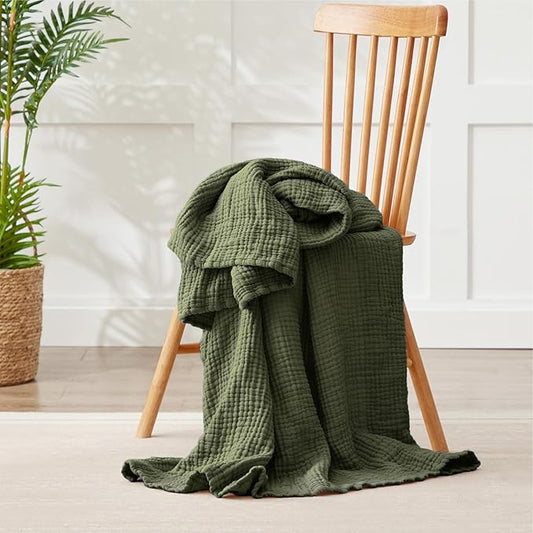 100% Cotton Muslin Blanket King 108" x 90", Breathable and Lightweight Cotton Throw Blanket for Bed, Soft Cooling Summer Gauze Blanket for Adults All Season, Olive Green