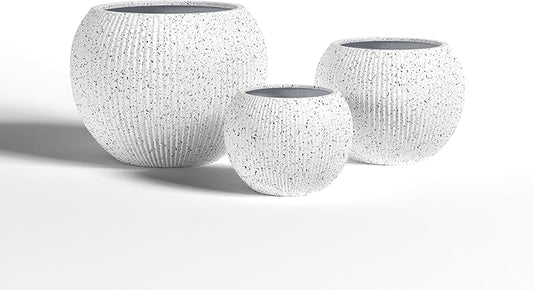 DTY Signature Mount Sherman Modern Indoor Outdoor Fiberstone Sphere Planter, Durable Round Garden Pot, Weather Resistant, Drainage Hole & Rubber Plug (Ribbed White, Large)