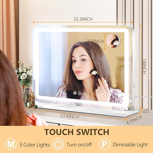 23" x 18" Vanity Mirror with Lights, Led Lighted Makeup Mirror with 3 Color Dimmable Lights, Touch Control, USB Charging Port, Gifts for Women Wife Teengirls