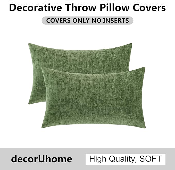 decorUhome Chenille Olive Green Throw Pillow Covers 12x20 Inch Set of 2, Decorative Soft Couch Pillow Covers Solid Dyed Accent Velvet Farmhouse Neutral Rectangle Pillow Cases for Sofa Bed Living Room