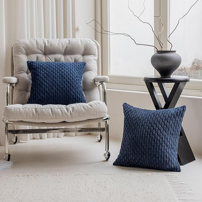 Kevin Textile Pack of 2 Corduroy Decorative Throw Pillow Covers 22x22 Inch Soft Boho Striped Pillow Covers Modern Farmhouse Home Decor for Spring Sofa Living Room Couch Bed Navy Blue
