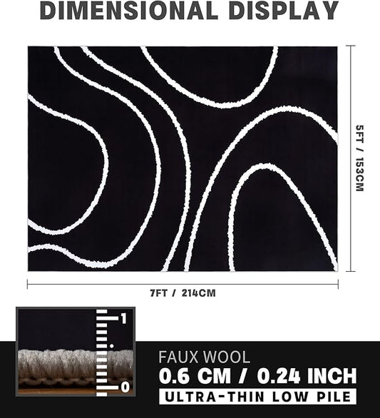 YIHOUSE Black Modern Area Rug 5x7,Abstract Rugs for Bedroom,Black and White Geometric Rug,Minimalist Wave Rug,Dark Washable Area Rugs 5x7 Non Slip Throw Rugs for Bedroom,Office