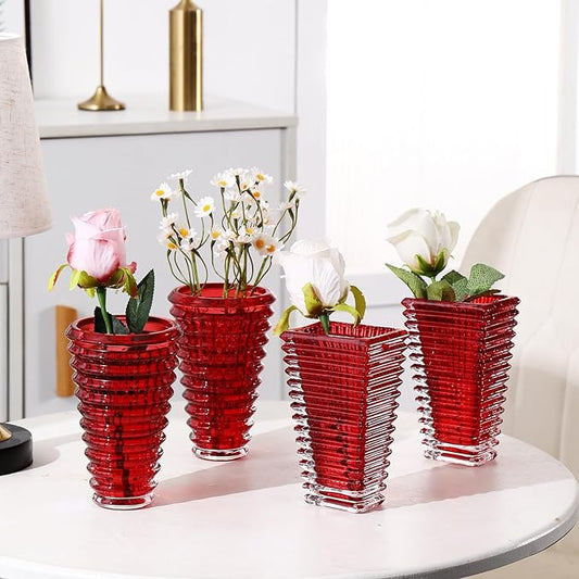MCMCNCUIU Crystal Flower Vase Set of 4, Glass Vases for Centerpieces, Red Vases for Flowers, Small Vase for Living Room, Bedroom, Kitchen, Office, Wedding