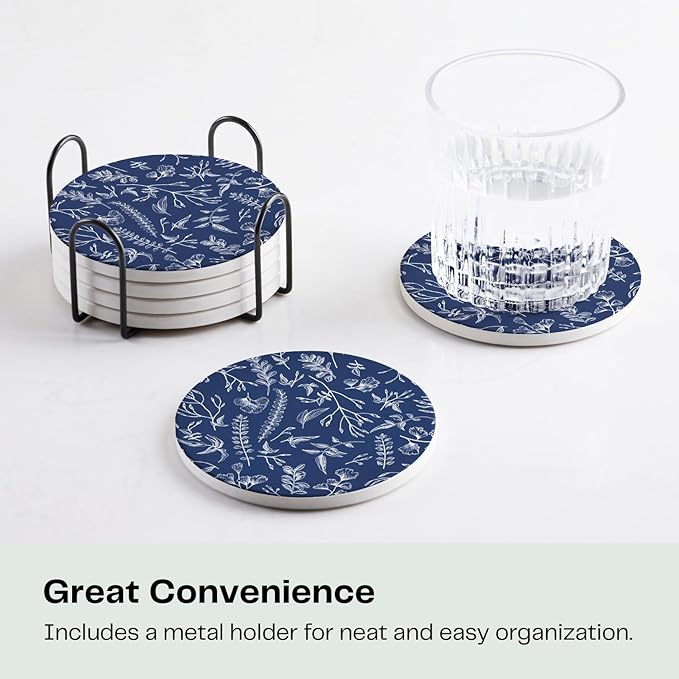 Set of 6 Floral Navy Blue Coasters with Holder, Absorbent Ceramic Drink Coasters with Cork Backing for Table Protection, Coffee Table Décor