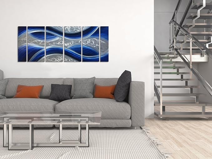 Handcrafted Abstract Metal Wall Art with Soft Color, Large Scale Decor in Huge Blue Line Design, 3D Artwork for Indoor Outdoor Wall Decorations, 6-Panels Metal Art Measure 24"x 65"