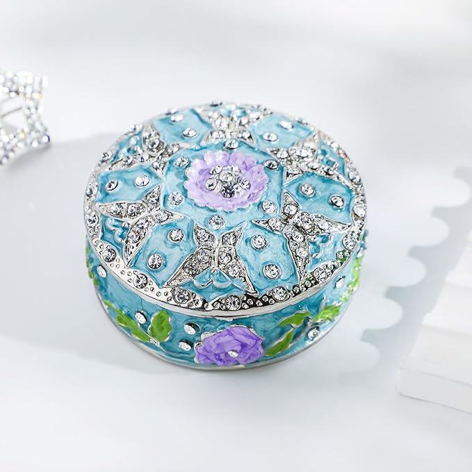 YU FENG 2.1inch Small Vintage Round Trinket Box Hinged Trinket Boxes Jeweled Ring Box Jewelry Trinket Box Gift for Girl Women Christmas Gift