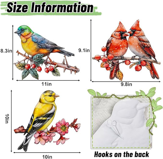 3Pcs Metal Wall Art Decor Birds on Branch, 3D Colorful Bird Outdoor Hanging Wall Art Patio Fence Decorations, Hummingbird Wall Sculptures for Indoor Outdoor Garden(Birds A)