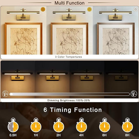 12.6 inch LED Wireless Picture Lights for Wall Rechargeable, Battery Operated Art Light for Paintings, 3CCT Dimmable, Brass Finish with Remote, Rotatable Gallery Light for Pictures Display