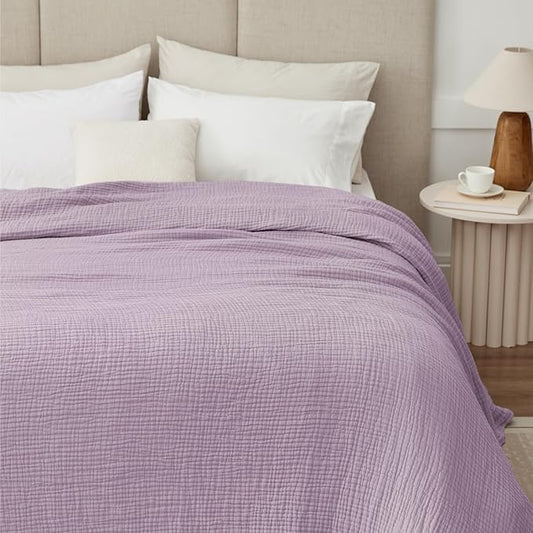 100% Cotton Muslin Blanket Queen 90" x 90", 6 Layers Breathable and Lightweight Cotton Throw Blanket for Bed, Soft Quilt Bedspread Coverlet, Gauze Blanket for Adults All Season, Lavender
