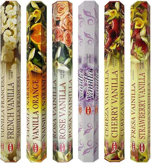 Hem Incense Sticks Variety Pack #18 and Incense Stick Holder Bundle with 6 Vanilla Fragrances