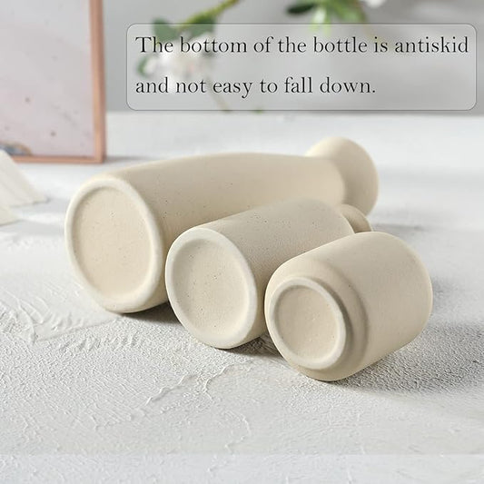 CEMABT Beige Ceramic vase Set-3 Small Flower vases for Decor,Modern Boho Farmhouse Home Decor,Decorative vase for Pampas Grass&Dried Flowers,idea Shelf,Table,Bookshelf ,Entryway- Distressed