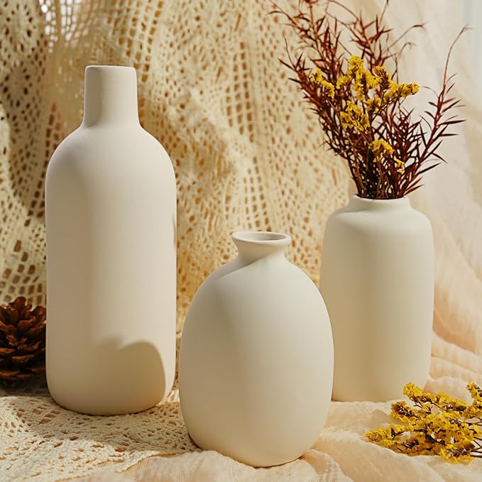 White Ceramic Bud Vases Set of 10 | Modern Farmhouse Boho Vases for Pampas Grass & Home Decor
