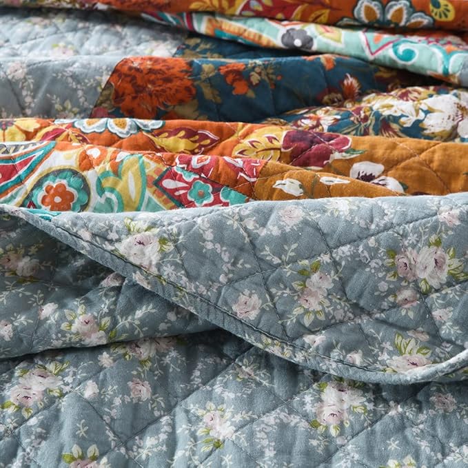 Cotton Bedspread Quilt Sets Reversible Bedding Coverlet Sets 3 Pieces Paisley Vintage Floral Yellow Blue Patchwork Bedspread, King Size