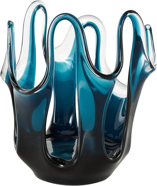 Deco 79 Glass Abstract Decorative Vase Ombre Centerpiece Vase with Wavy Oval Cutouts, Flower Vase for Home Decoration 8" x 8" x 10", Blue