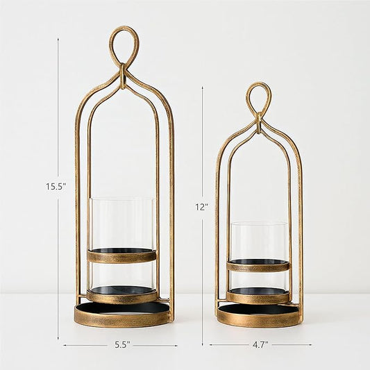 Glass Hurricane Candle Holders, Pillar Candle Holders, Metal Windproof Lantern for Industrial, Modern Farmhouse, Traditional & Vintage Home Decor, Wedding, Party, Antique Gold