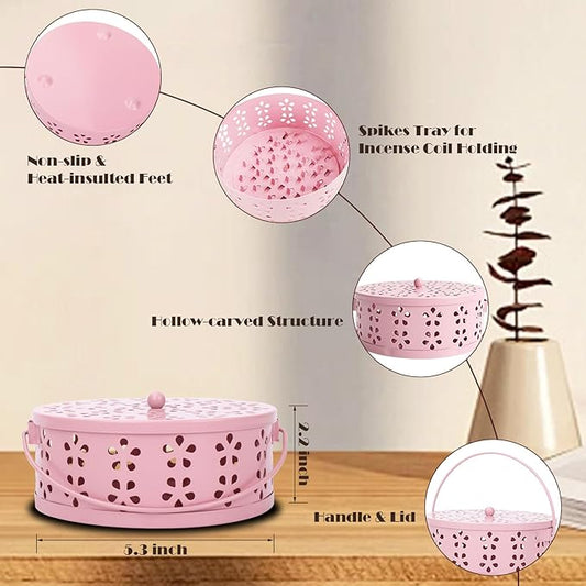 Spiral Coil Incense Burner Holder Home Outdoor Citronella Incense Coil Holder with Handle (Pink)