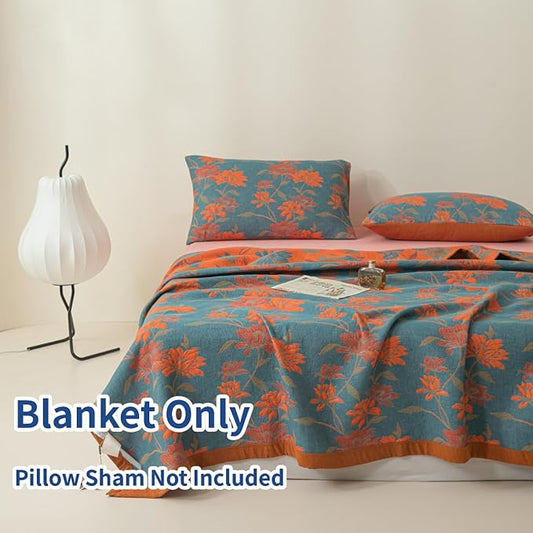 100% Cotton Muslin Blanket Jacquard Floral Flowers Bloosom Print Quilt, Soft Bed Cover Reversible Bedspread Coverlet Breathable Lightweight Bedding Full/Queen(78"x94"), No Pillow Sham