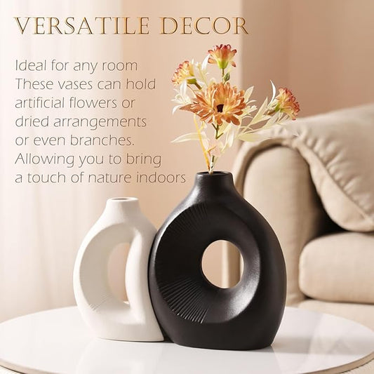 Ceramic Vase Set of 2 - Handcrafted Ceramic Vases for Home Decor & Shelf - Modern Farmhouse Decor for Kitchen, Office, Bedroom & Living Room Decorative Objects for Mantel, Table Centerpieces