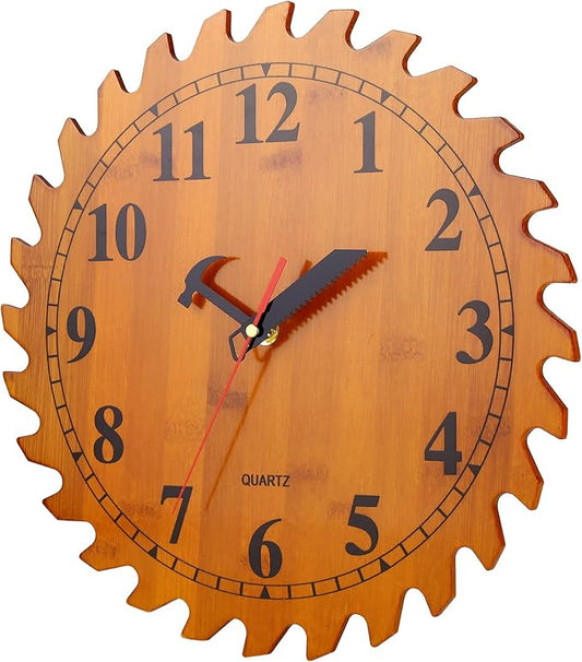12 Inch Wood Wall Clock with Circular Saw Blade Dial, Handsaw and Hammer Pointer,Great Decor for Farmhouse,Garages and Man Cave