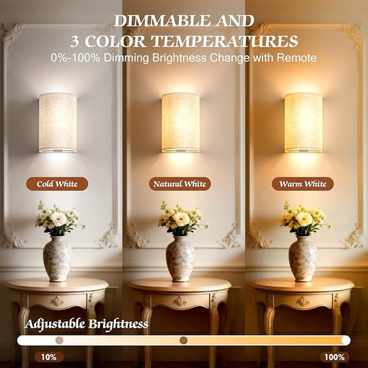 OCATO Battery Operated Wall Sconce: Wireless Wall Sconces Set of Two Magnetic Lamp Rechargeable Lights Dimmable with 16 RGB Colors Fabric Linen Shade with Remote Walls Decor for Bedroom Living Room
