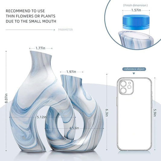 Blue Vases Set of 2, Modern Coastal Vase for Flowers, White vases for Table Centerpieces, Snuggle Hollow Vase Ceramic Decoration for Living Room, Nordic Boho Decor for Coffee Table Shelf