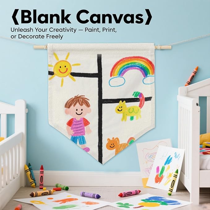 3 Pack Blank Hanging Banner for DIY Crafts,Cotton Canvas Pennant Flags with Wooden Rods, Small Wall Hanging Sign for Wedding, Party, Home Decoration, Paintable Embroidery Friendly