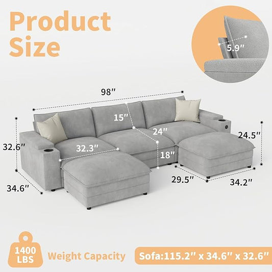 115" U Shaped Cloud Sofa Couch with Ottoman, Storage Armrest, Cup Holders, USB & Type-C Ports, Spring Cushions, Solid Wood Frame, Chenille Modular Sectional for Living Room (Light gray-U-115.2")
