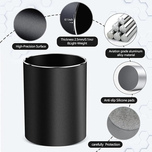 RQB Metal Pen Holder for Desk Round Aluminum Desktop Organizer and Makeup Brush Holder Storage Box for Office, School, Home, and Kids, Non-slip silicone bottom3.9×3.14inch (Black)