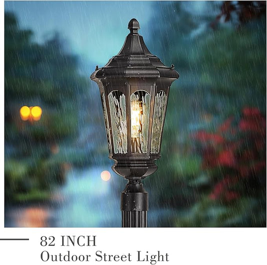 Emliviar 82 Inch Outdoor Post Light Hard Wired, Exterior Water Ripple Glass Street Light Fixture for Garden in Black Finish, E26 Base 100W Max, XE304PL BK-SW