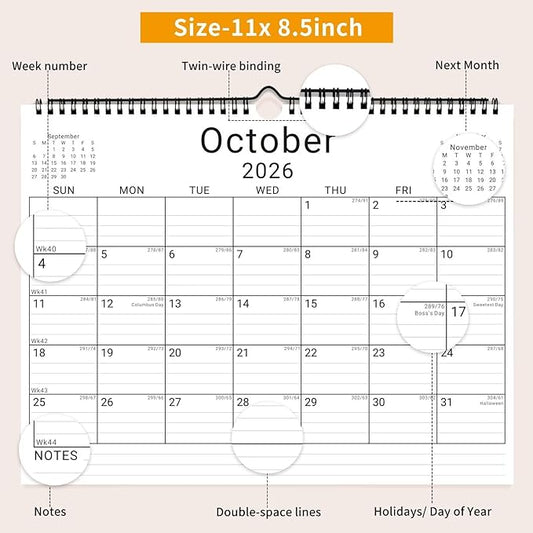 2026 Wall Calendar, 12 Month 11”x8.5 ‘’ Year Monthly Organizer from January 2026-2027 Small Mini Horizontal Blank Spiral Bound Wire Hanging Calendar w/ Lines for Family, Home, Kitchen, Office White3
