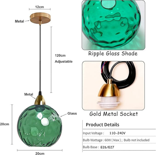 20cm/7.9’’ Industrial Vintage Spherical Glass Pendant Light, E26 Ceiling Hanging Lamp, Gold Finish & Ripple Glass Globe Shade, Dining Room Bedroom Chandelier (Green)