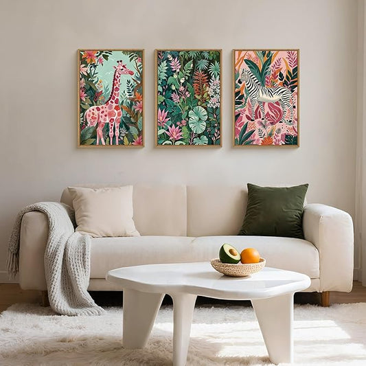 Large Jungle Giraffe and Zebra Framed Canvas Wall Art,Modern Safari Wild Animal Wall Decor,Tropical Nature Wildlife Artwork,Boho Botanical Art Print for Living Room,Bedroom,Office-16 x24 x3