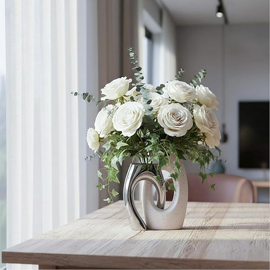 Ceramic Vase Set of 2 by DecoVlog, White and Silver Hollow Living Room Decor Vase, Minimalist Decorative Modern Boho Vase for Table Centerpiece Wedding Dining Living Room Office House Decoration