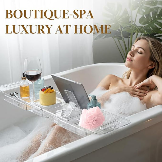 Expandable Clear Acrylic Bathtub Tray Caddy, Foldable Tub Bath Tray with Drain Slots, Slip-Resistant Waterproof Bathroom Shelf Caddy & Home Spa Gift for Women