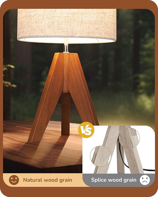 EDISHINE Small Table Lamp, Wooden Tripod Bedside Lamp with Linen Fabric Lampshade, 14.2" Nightstand Lamp for Bedroom, Living Room, Office, 2 Pack