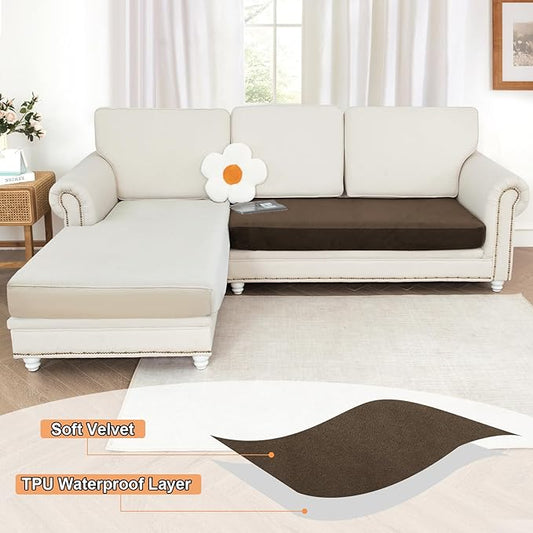 NAISI Waterproof Couch Cushion Covers Thick Velvet Fabric Washable Sofa Slipcovers 1 Piece Individual Sectional Couch Covers with Elastic Bottom(1 PC for 2-Seat Cushion or Loveseat,Caramel)