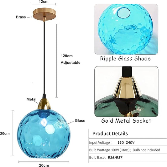 20cm/7.9’’ Industrial Vintage Spherical Glass Pendant Light, E26 Ceiling Hanging Lamp, Gold Finish & Ripple Glass Globe Shade, Dining Room Bedroom Chandelier (Azure Blue)