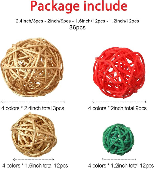 Patelai 36 Pcs Wicker Rattan Balls Decorative Balls for Vase Centerpiece Bowls Orbs Filler for Home Decor,4 Sizes(Red, Green, Gold)