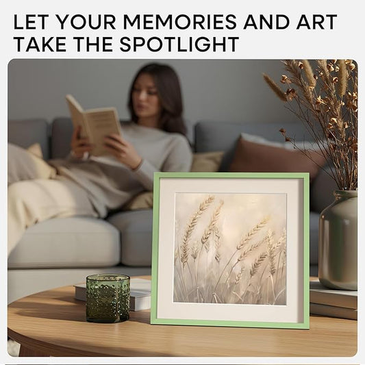 Homeforia 10x10 Picture Frame Sage Green, High End Metal 10 by 10 Square Frames with Mat 8 x 8 Photo, 10by10 Poster Frame Matted to 8x8 Art, Wall or Tabletop Frames, Tempered Glass, Wall Kit, Set of 1