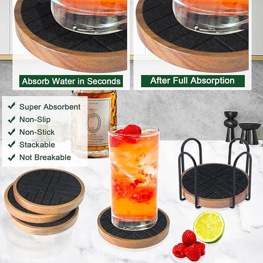 Coasters for Drinks Absorbent 5 Pack, Coasters for Coffee Table with Holder, Non-Slip, Non-Stick, Suit for Kinds of Cups 4.3 inch Black