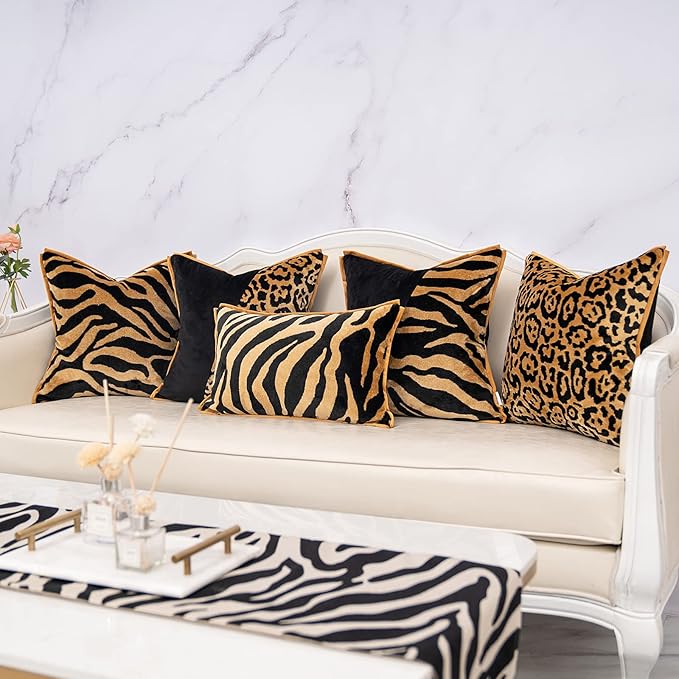 Yangest Black and Gold Square Pillow Cover Cut Velvet Zebra Print Cushion Cover Luxury Modern Pillowcover for Couch Living Room Bedroom,18x18 Inch