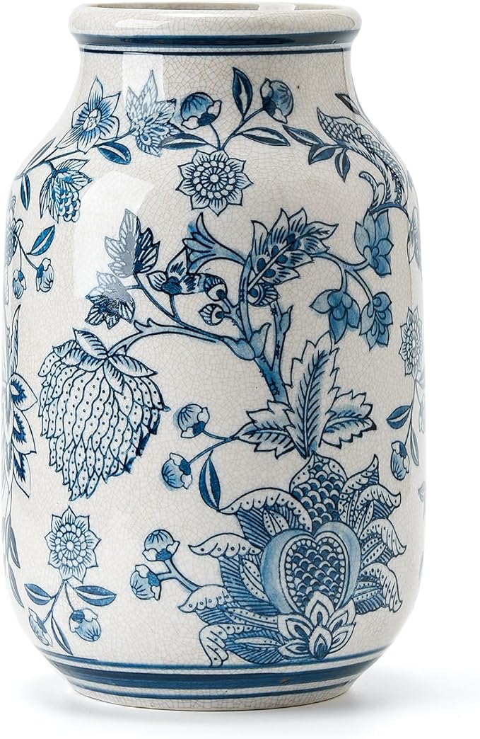 SIDUCAL Ceramic Vintage Vase – 9.4" Blue & White Chinoiserie Floral Vase