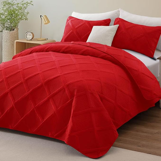Exclusivo Mezcla Twin Size Quilt Set - Red Quilts Bedding Set with 2 Pillow Shams, Modern Bedspread with Striped Pattern, Soft Lightweight Bedspreads Coverlets for All Seasons